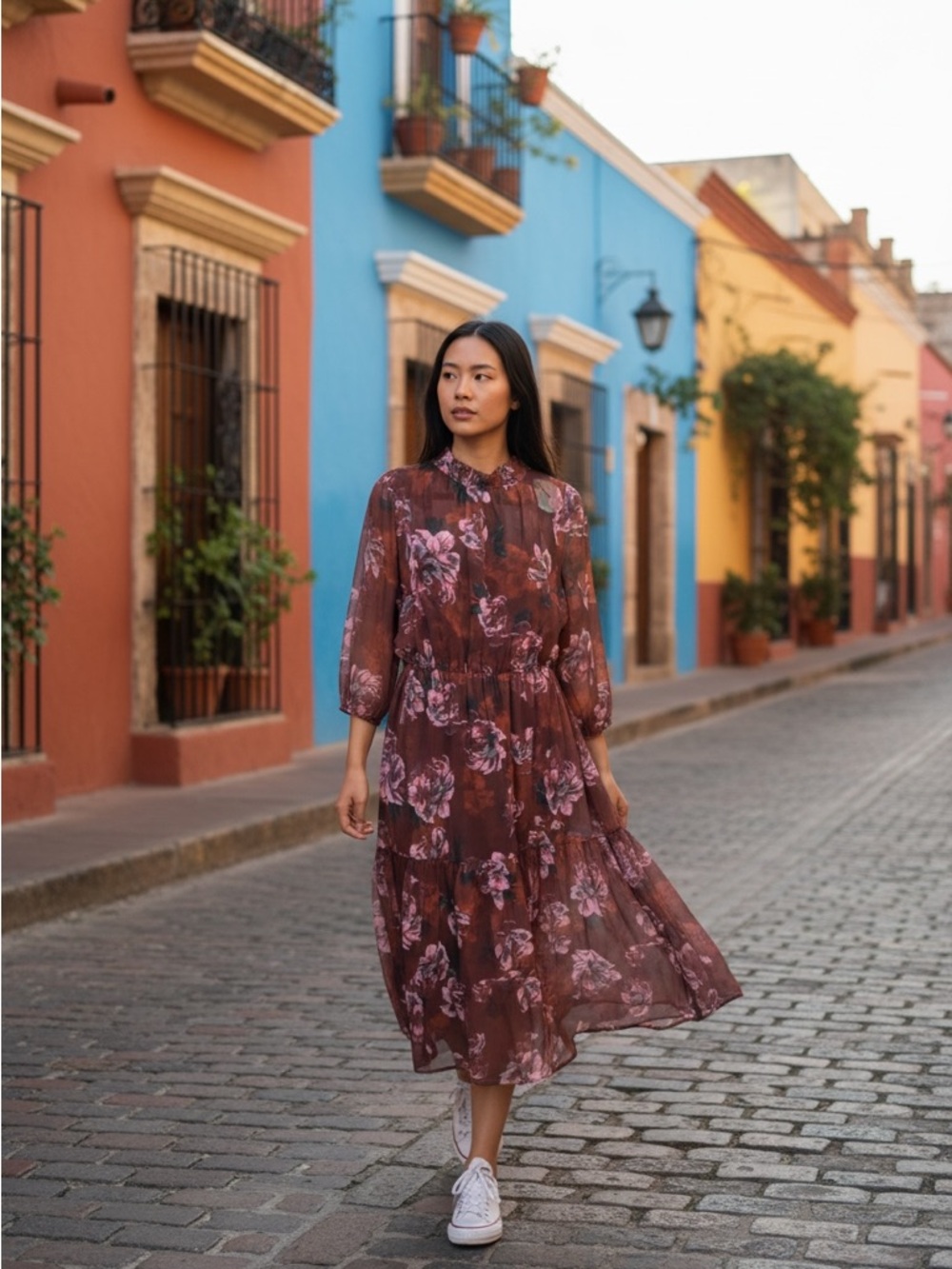 Lost + Wander Mauve Floral Midi Dress
